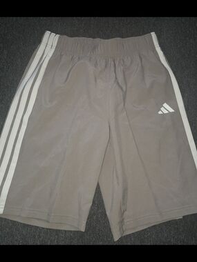 Boys adidas Taupe Athletic Shorts with White Stripes